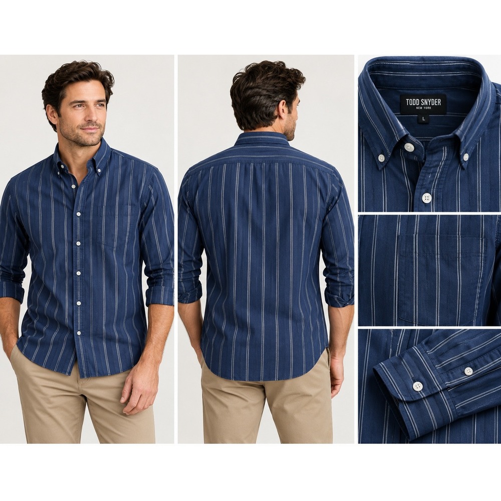 Todd Snyder Shirt Mens L Blue Stripe Cotton Button Down Long Sleeve Designer